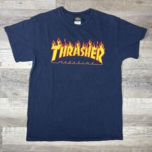 Vtg 90s Y2k Thrasher Magazine‎ Skateboard Flame Logo Shirt Adult Medium Blue